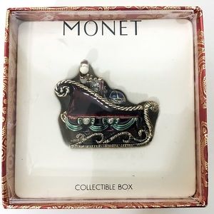 Monet Secret Trinket Box Jewel Christmas Sleigh Red Gold Green Tones